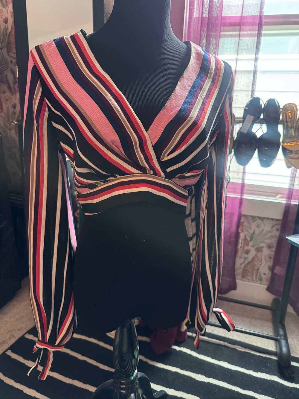 Striped V-Neck Wrap Crop Top - Pink / Black